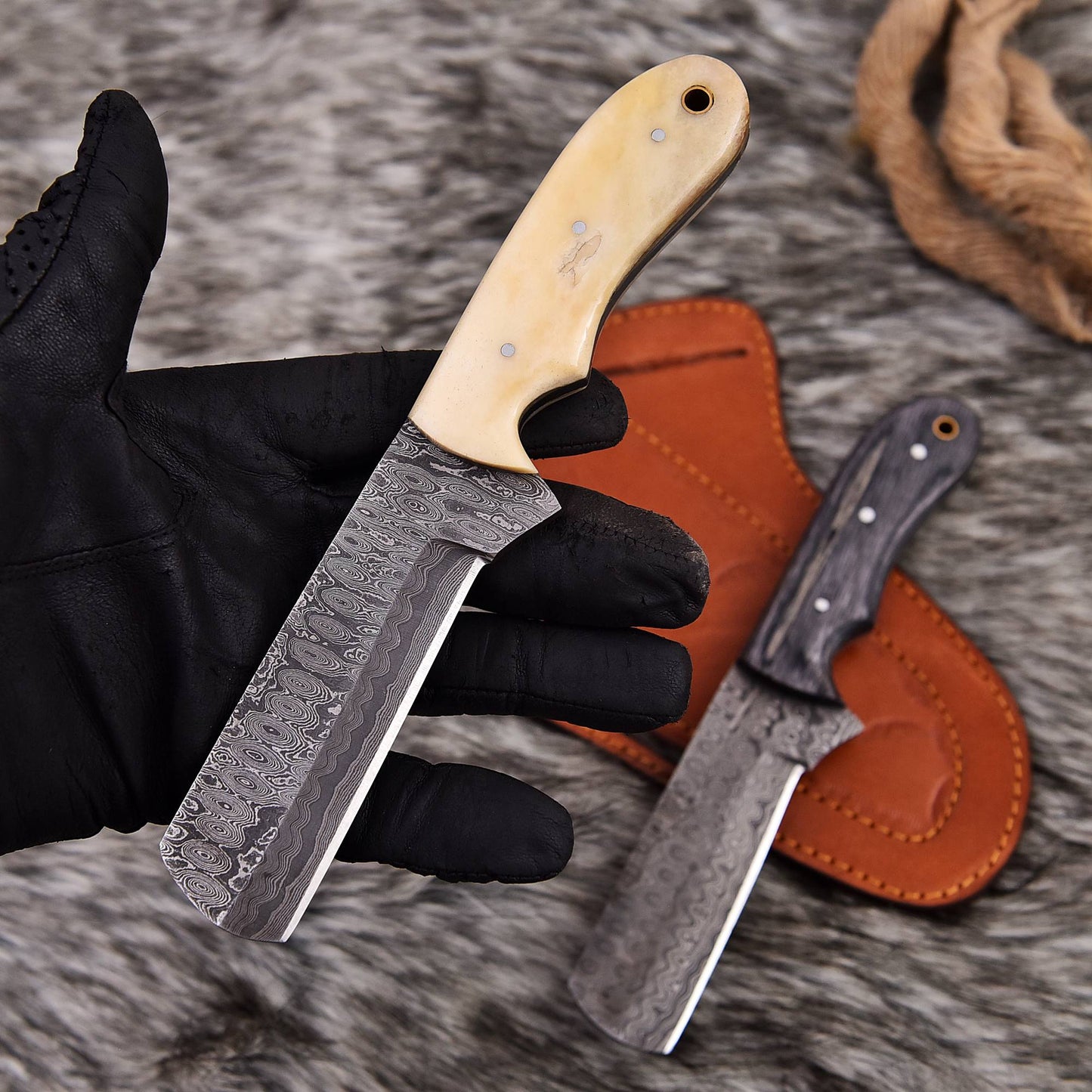 Bull Cutter Knife, Cowboy Knife, Hunting Knife, Sharp Blades, Bull Cutter with Pancake Design Leather Cover.