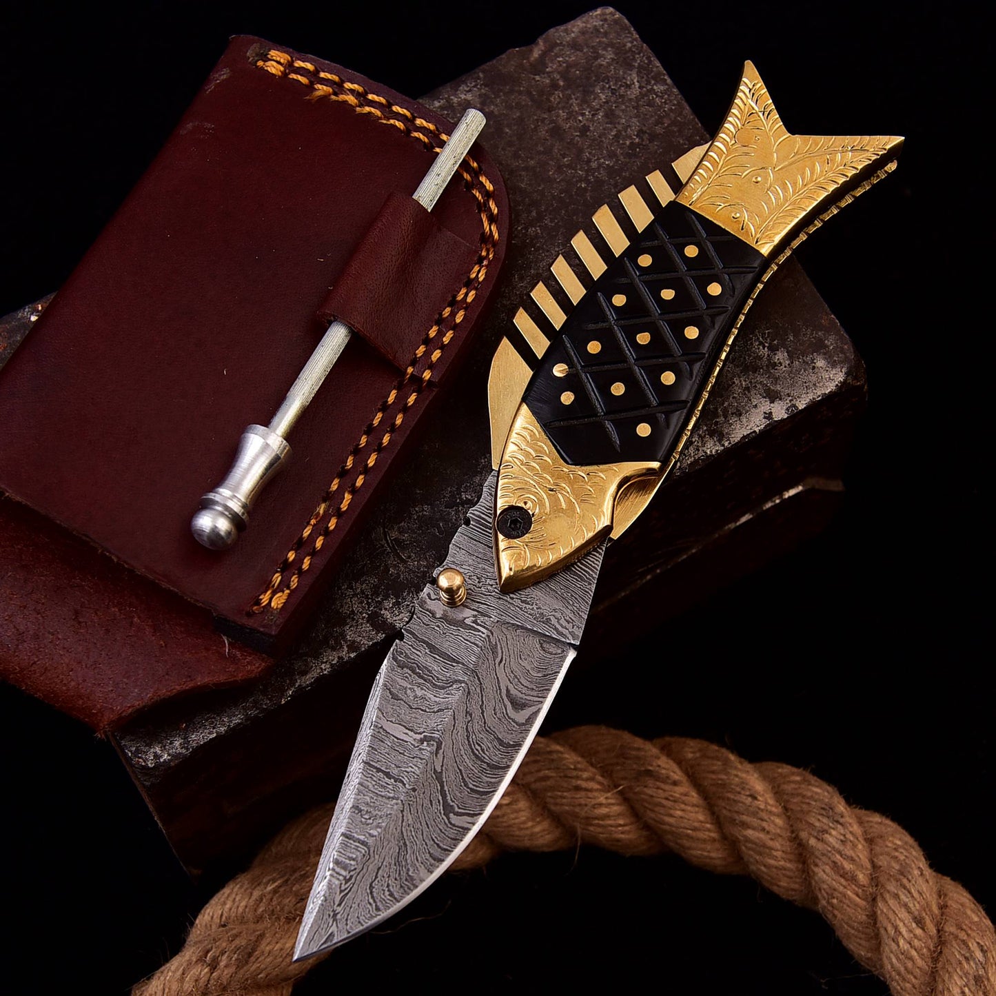 Black Fish Pocket Knife, Damascus Folding Knife, Knife with Sharpener & Leather Cover