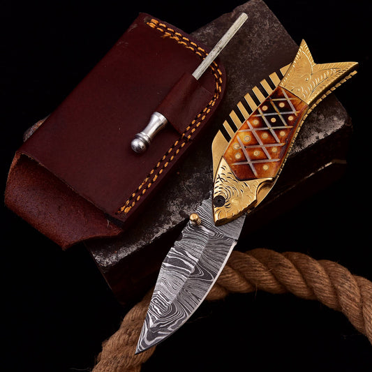 Golden Fish Pocket Knife, Damascus Folding Knife, Comes with Sharpener & Leather Cover