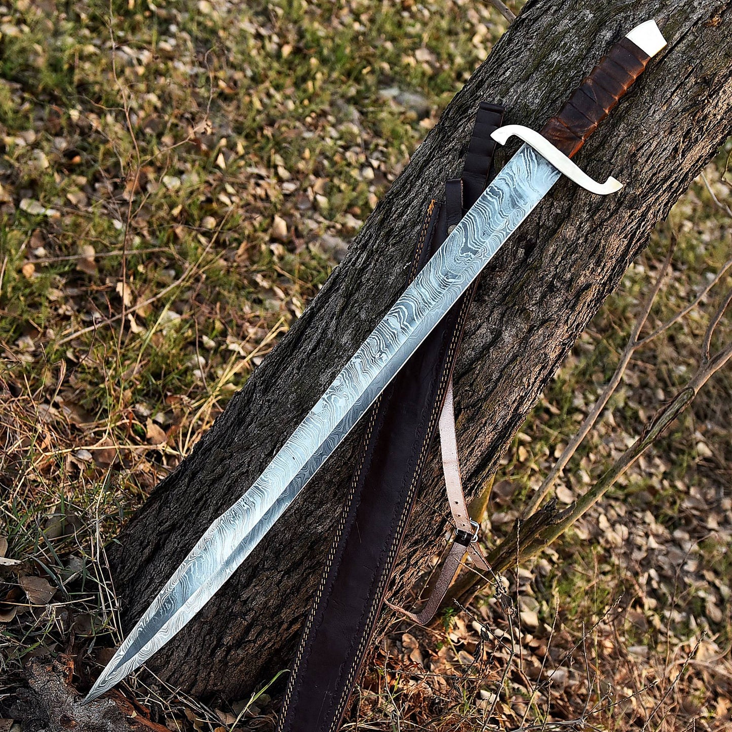 Celtic Sword, One Hand Viking Sword. Damascus Blade With Leather Sheath