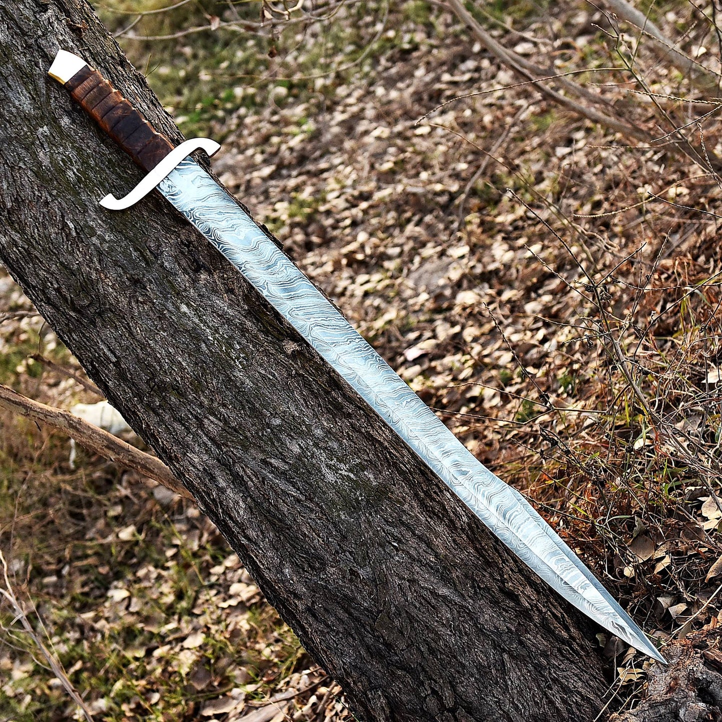 Celtic Sword, One Hand Viking Sword. Damascus Blade With Leather Sheath