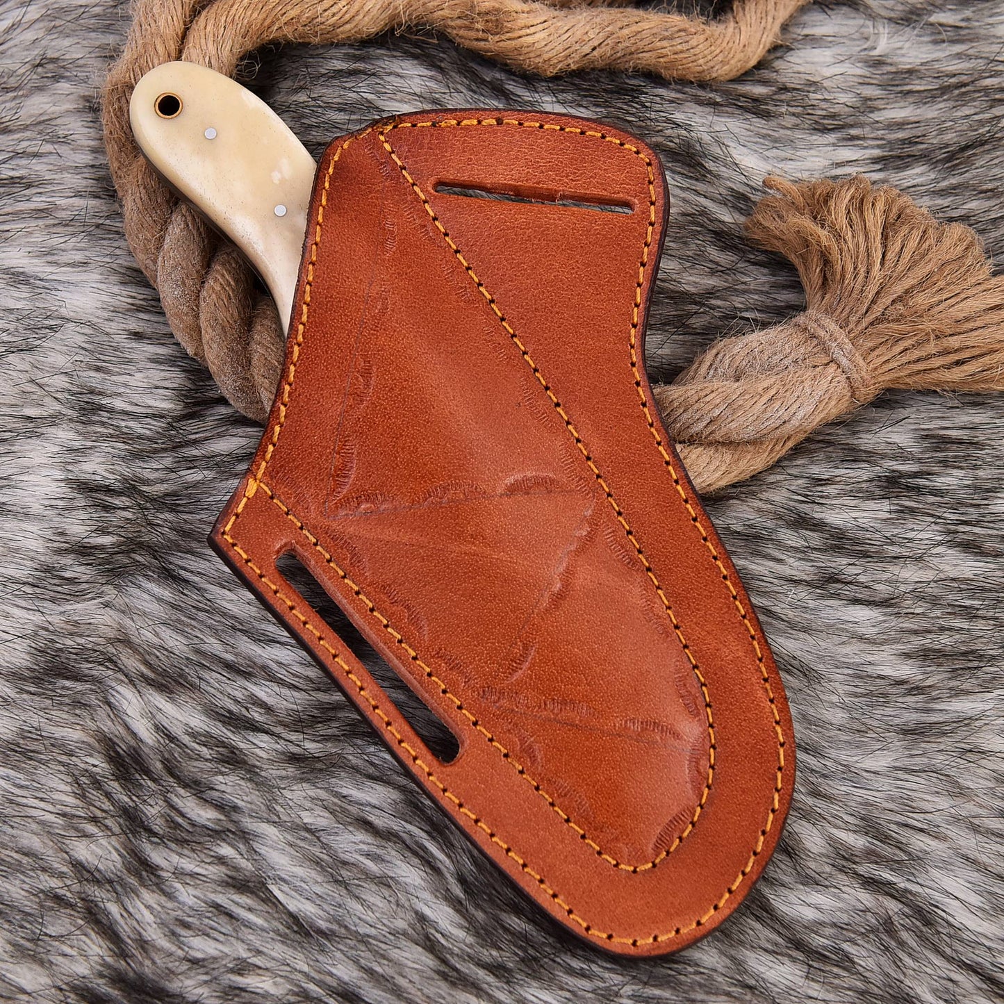 Bull Cutter Knife, Cowboy Knife, Hunting Knife, Sharp Blades, Bull Cutter with Pancake Design Leather Cover.