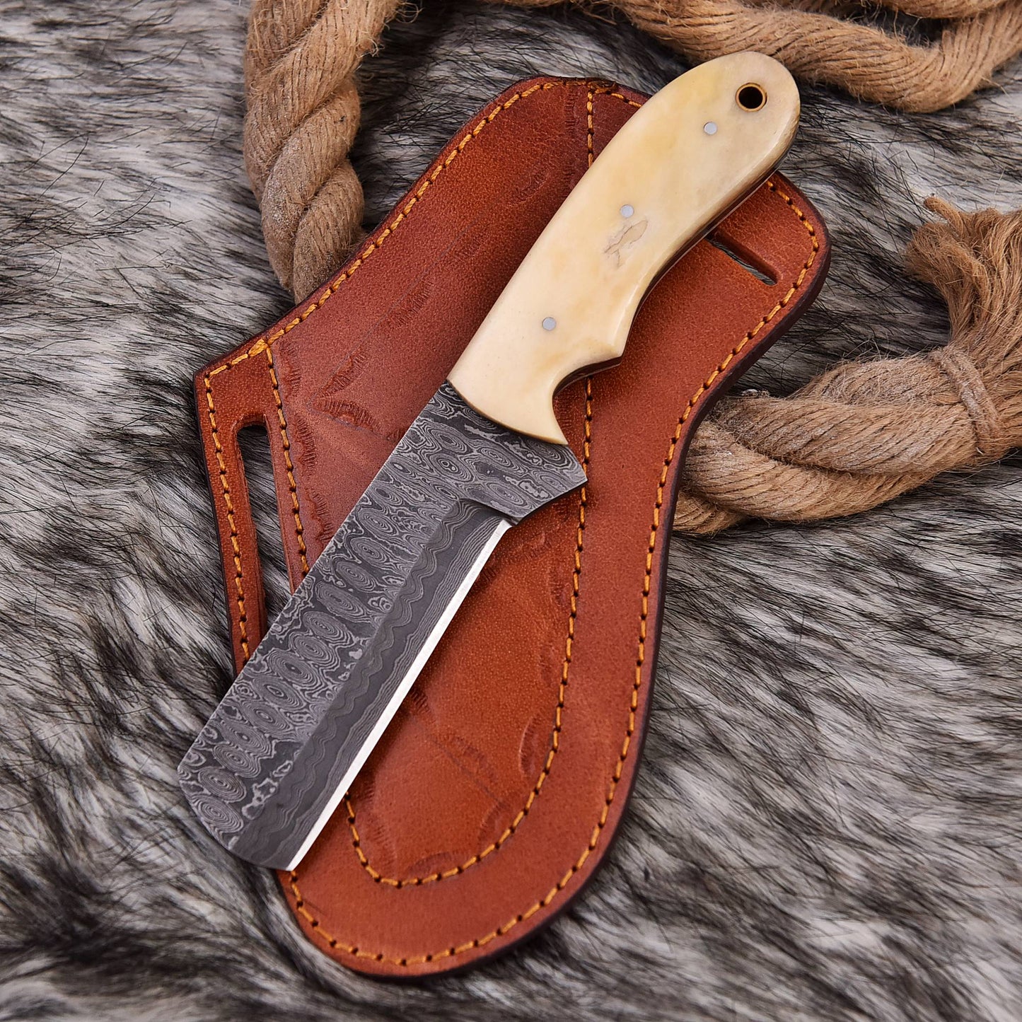 Bull Cutter Knife, Cowboy Knife, Hunting Knife, Sharp Blades, Bull Cutter with Pancake Design Leather Cover.