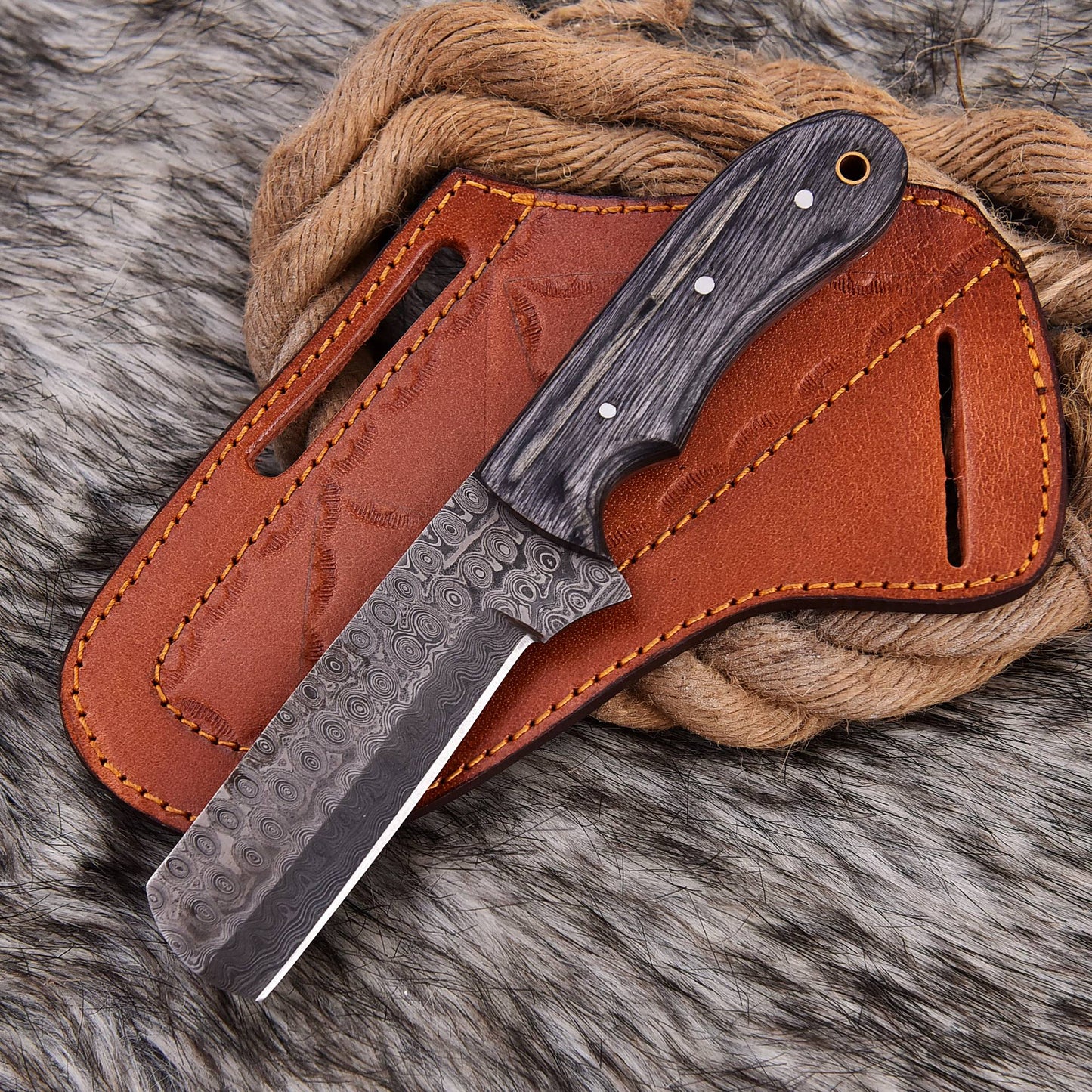 Bull Cutter Knife, Hunting Knife, Damascus Blade, Cowboy Knife with Pancake Leather Cover