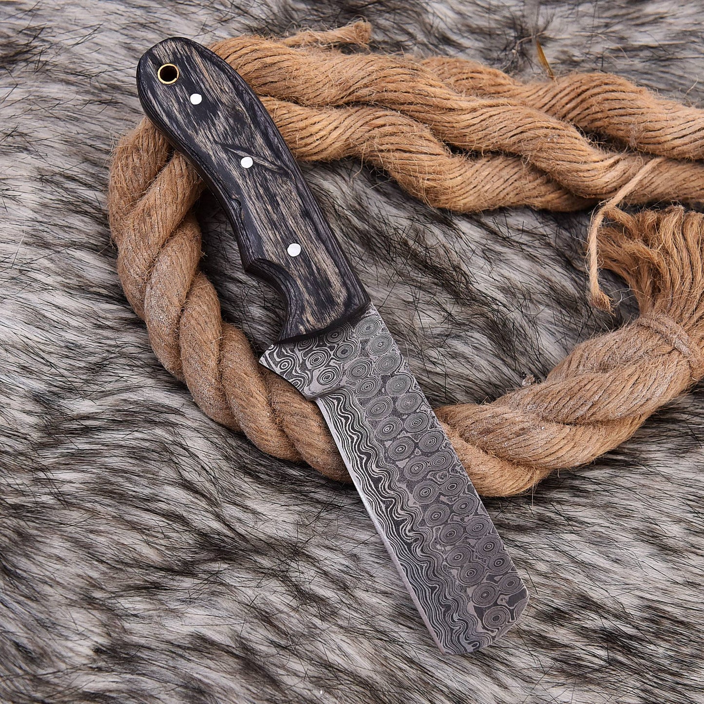 Bull Cutter Knife, Hunting Knife, Damascus Blade, Cowboy Knife with Pancake Leather Cover